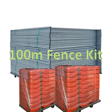 100m fence kit with galvanized steel poles and bright orange base supports for stability and visibility.