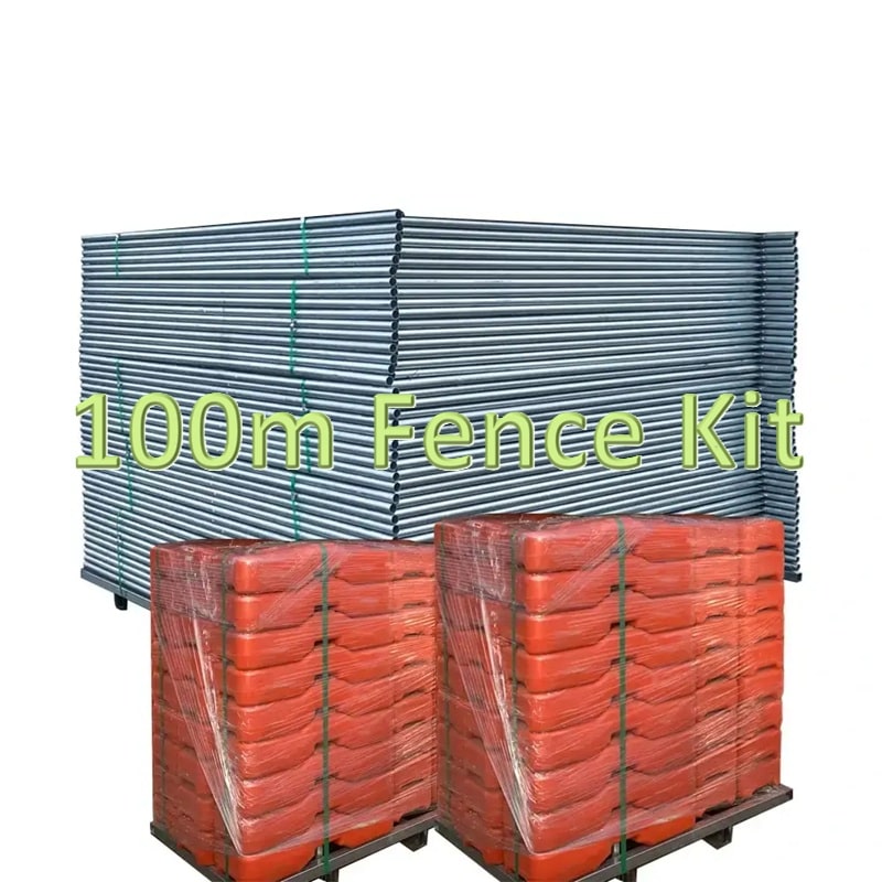 100m fence kit with galvanized steel poles and bright orange base supports for stability and visibility.