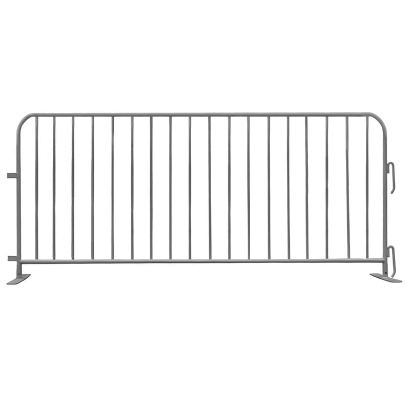 Gray metal crowd control barrier for events, durable and weather-resistant design.