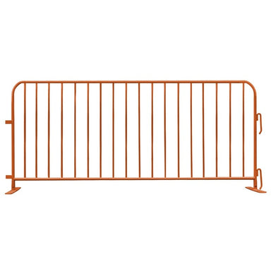 Orange metal crowd control barrier, sturdy design for outdoor events and safety management.