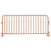 Orange metal crowd control barrier, sturdy design for outdoor events and safety management.