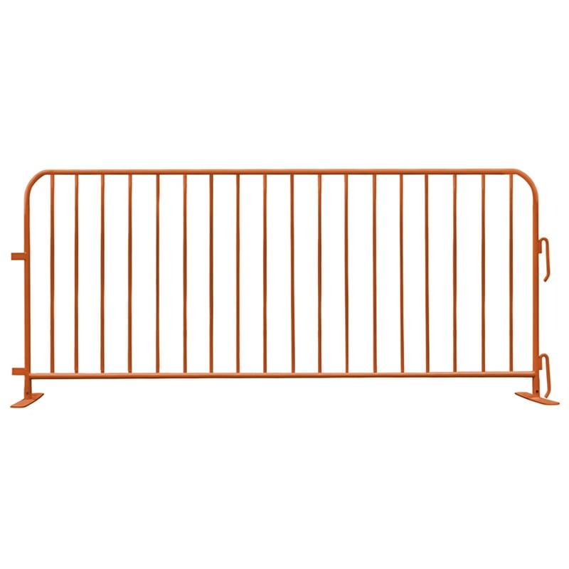 Orange metal crowd control barrier, sturdy design for outdoor events and safety management.