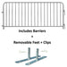 Metal barricade with removable feet, clips included, ideal for outdoor events and crowd control.