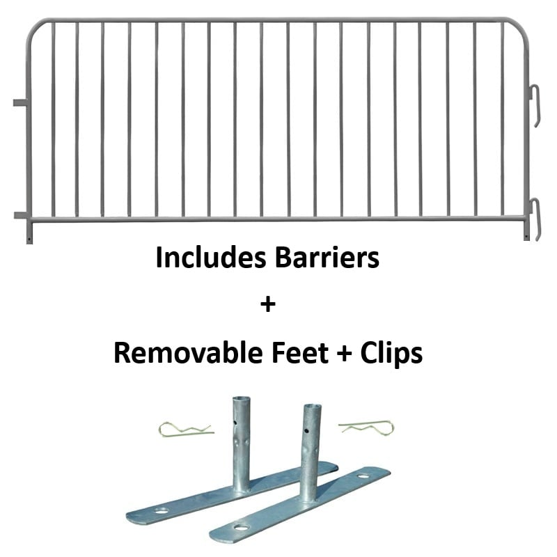 Metal barricade with removable feet, clips included, ideal for outdoor events and crowd control.