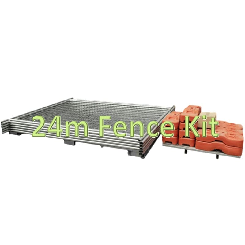 24m fence kit with galvanized steel panels and orange concrete blocks for stability, ideal for temporary fencing.
