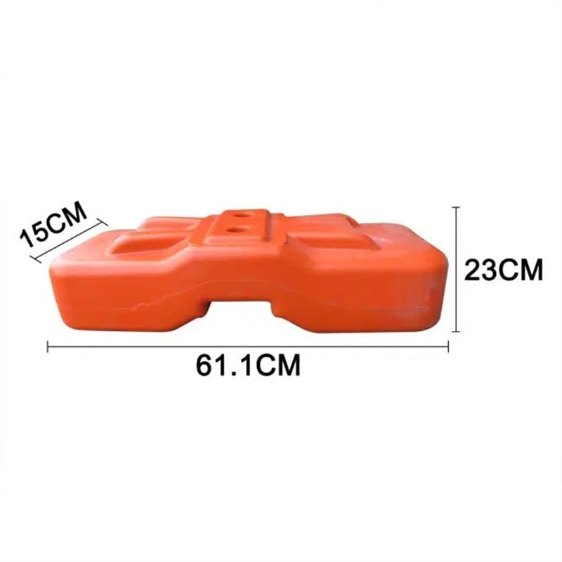 Durable orange plastic weight, dimensions 61.1cm x 23cm x 15cm, ideal for outdoor use.