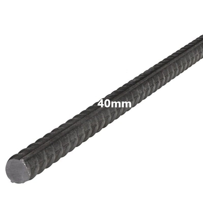 40mm steel rebar for construction, featuring ribbed texture for enhanced grip and strength.