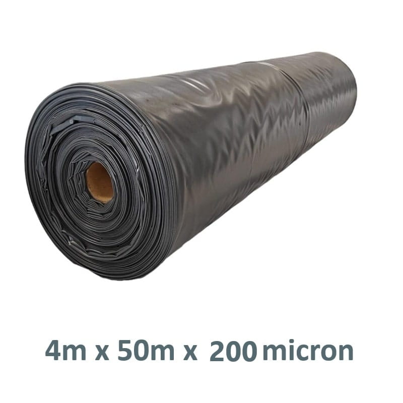 Black plastic roll, dimensions 4m x 50m, thickness 200 microns, ideal for construction and landscaping.