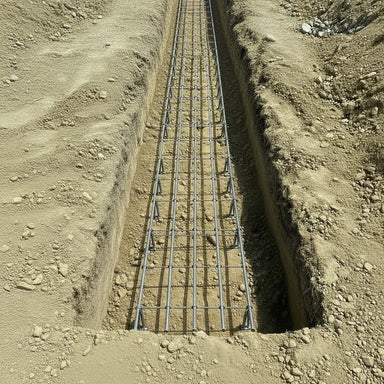Construction site showing a gravel-filled trench with steel reinforcement rods for foundation support.