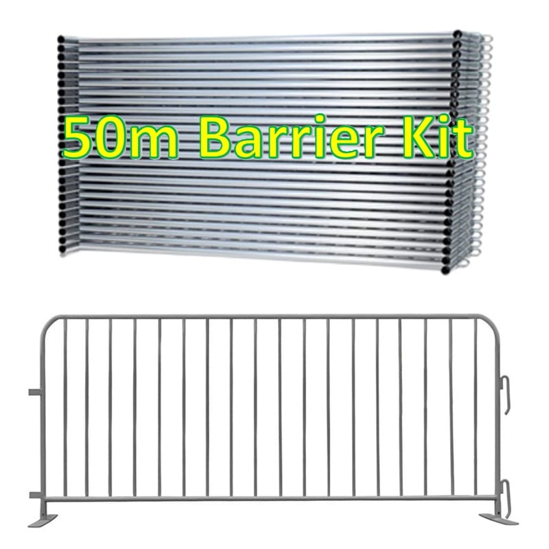 50m Barrier Kit, heavy-duty galvanized metal crowd control barriers for events, durable and rust-resistant.