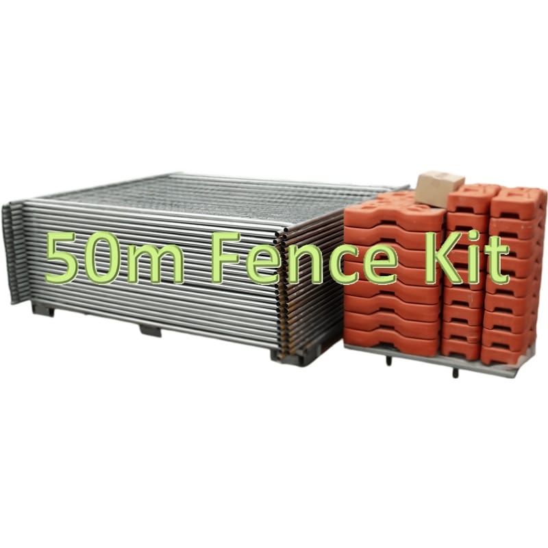 50m fence kit with metal panels and weights, ideal for temporary fencing solutions.