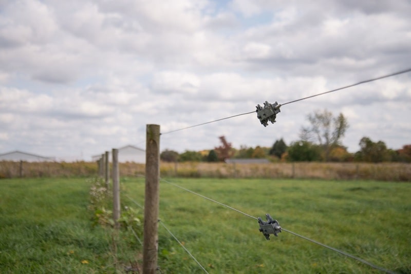 Close-up of fence posts and barbed wire in a grassy field under a cloudy sky.