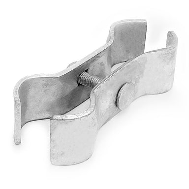 Durable metal clamp, silver finish, suitable for securing objects or materials in workshop and DIY projects.