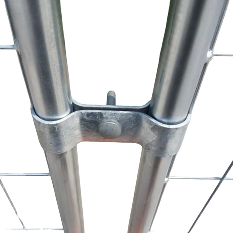 Close-up of galvanized steel fence panel connector for durable outdoor fencing solutions.