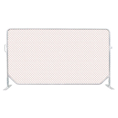 Silver chain link fence, sturdy metal frame, ideal for construction sites and outdoor events.