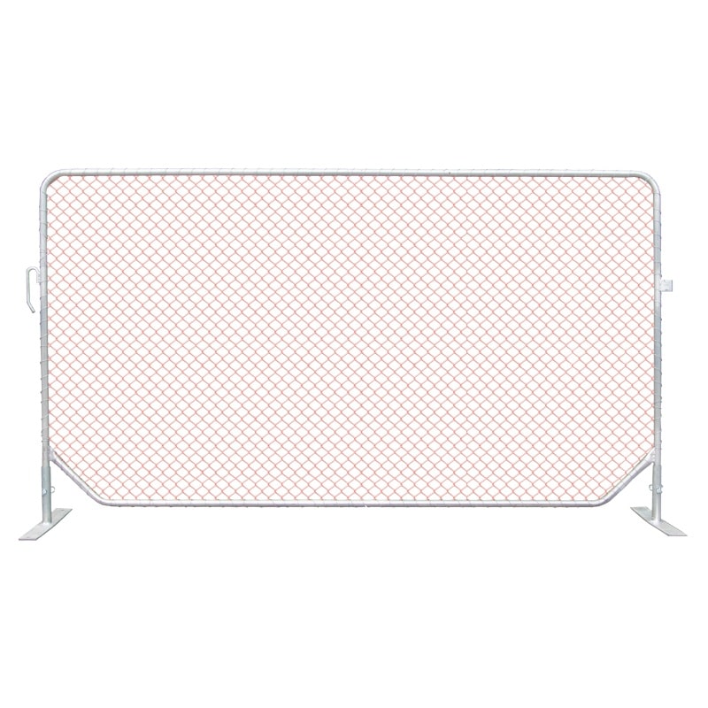 Silver chain link fence, sturdy metal frame, ideal for construction sites and outdoor events.