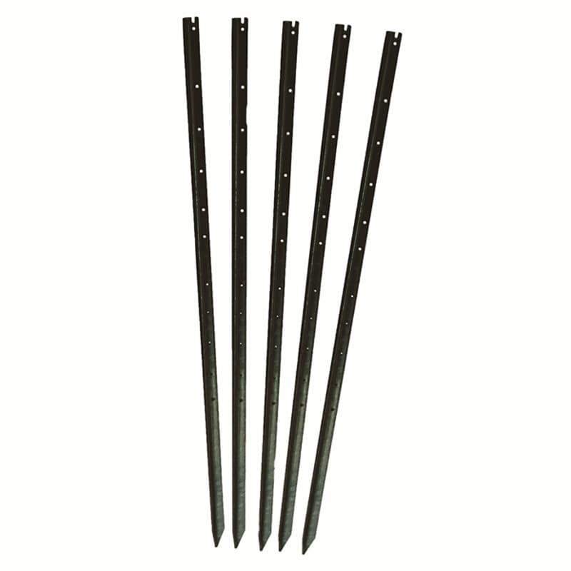 Set of 5 black metal garden star pickets with holes for versatile anchoring and support.