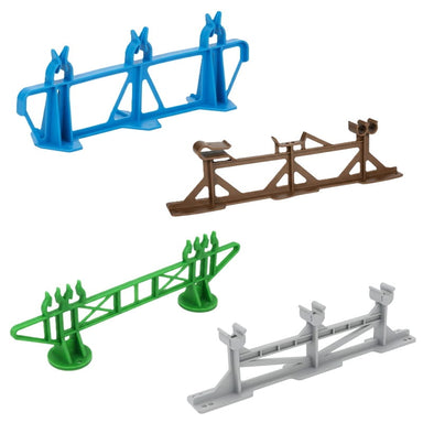 Set of four plastic model stands in blue, brown, green, and gray for displaying miniatures securely.