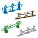 Set of four plastic model stands in blue, brown, green, and gray for displaying miniatures securely.