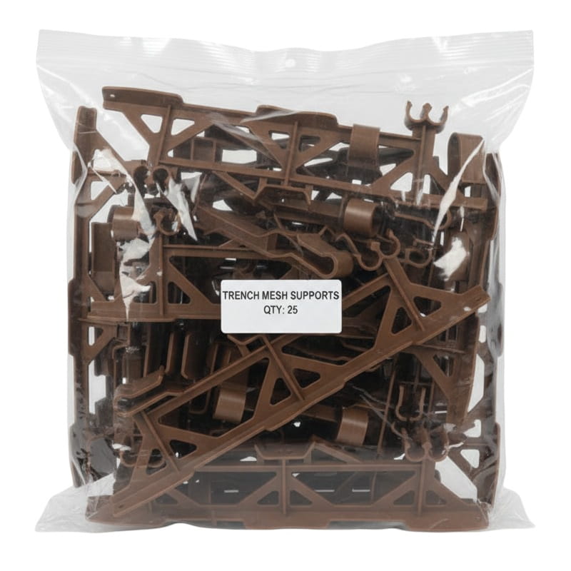 25 brown trench mesh supports for garden use, durable plastic construction for stability.