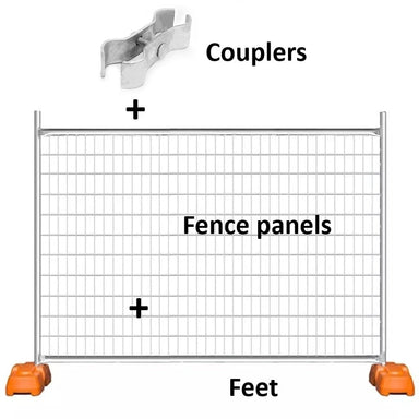 Durable chain link fence set with orange feet, metal panels, and couplers for secure installations.