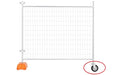 Mobile construction fence with orange base and wheel, steel frame, durable mesh for safety and security.