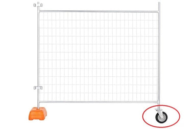 Mobile construction fence with orange base and wheel, steel frame, durable mesh for safety and security.