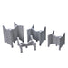 Set of four gray plastic corner brackets for secure shelving and organization.