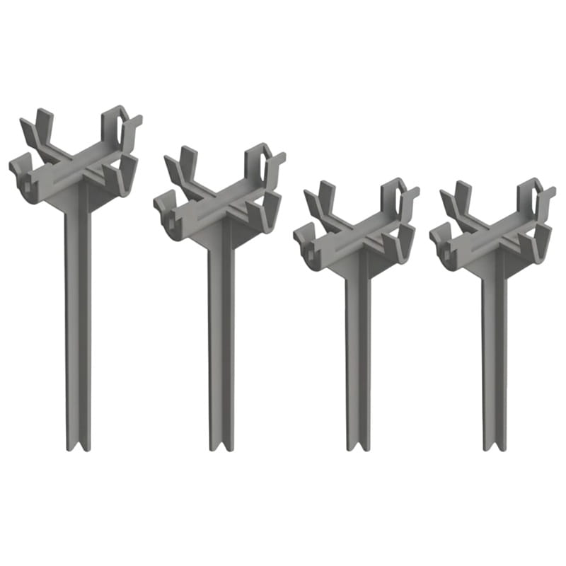 Set of 4 gray plastic garden stakes with multi-pronged tops for secure plant support.