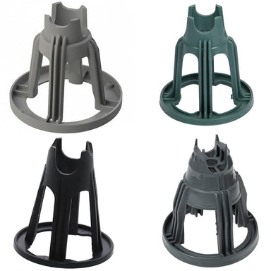 Set of four plant support stakes in black, gray, and green plastic for garden stability