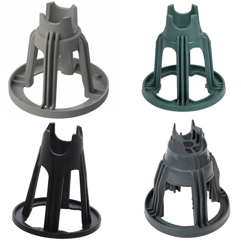 Set of four plant support stakes in black, gray, and green plastic for garden stability