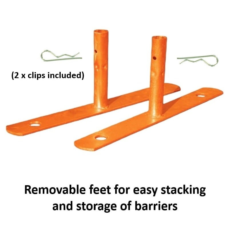 Orange removable feet for stacking barriers, includes 2 clips for easy storage.