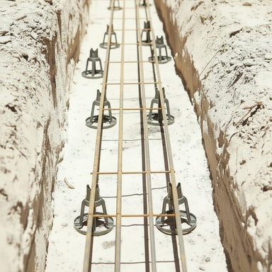 Concrete reinforcement setup with metal rebar supports in a sandy trench, ideal for construction projects.