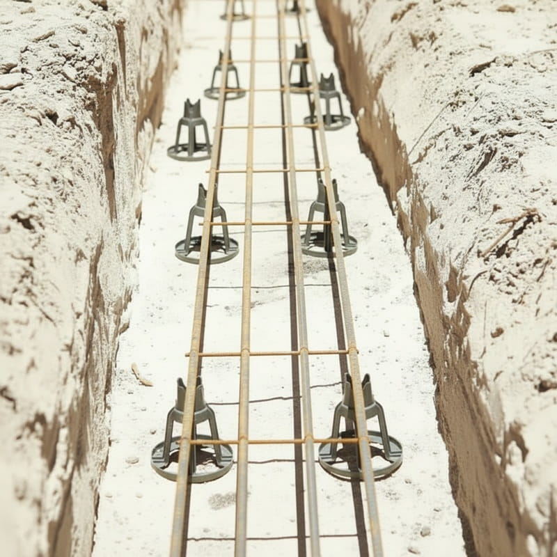 Concrete reinforcement setup with metal rebar supports in a sandy trench, ideal for construction projects.