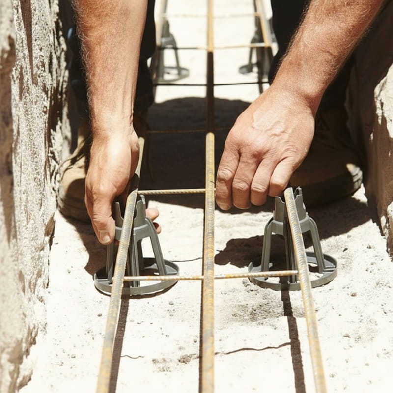 Hands placing gray rebar supports in concrete for construction, ensuring stability and alignment.