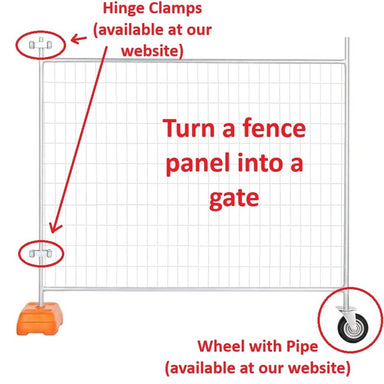 Metal fence panel with hinge clamps and wheels, designed to convert into a gate. Durable and portable solution.