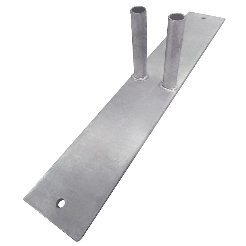 Heavy-duty metal base plate with two support pipes, ideal for outdoor furniture stability.