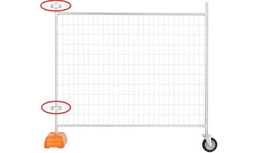 Durable metal construction temporary fence with orange base and rolling wheels, ideal for construction sites.